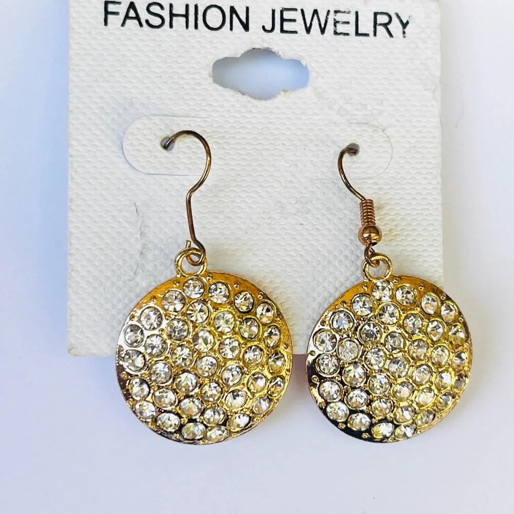 NEW Gold Tone Rhinestone Embedded Circle Dangle Earrings Fashion Jewelry NWT - Picture 3 of 4